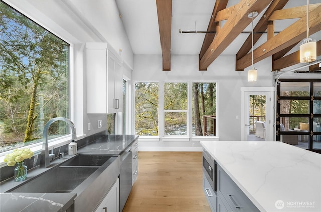 7339 Moon Valley Rd SE, North Bend, WA 98045 - kitchen featuring a sink, stainless steel appliances, beam ceiling, and white cabinets