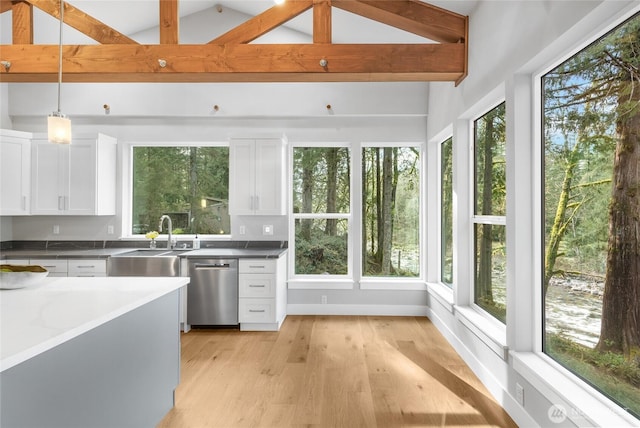 7339 Moon Valley Rd SE, North Bend, WA 98045 - kitchen with a sink, decorative light fixtures, white cabinetry, light wood-style floors, and dishwasher