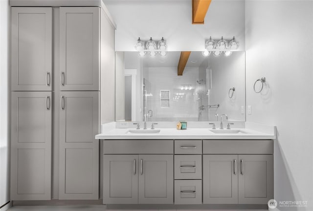 7339 Moon Valley Rd SE, North Bend, WA 98045 - full bathroom with a sink, tiled shower, beam ceiling, and double vanity