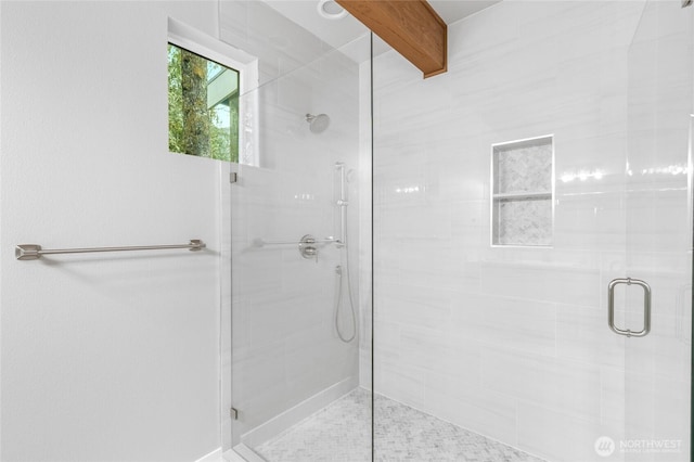 7339 Moon Valley Rd SE, North Bend, WA 98045 - bathroom with beam ceiling and a shower stall
