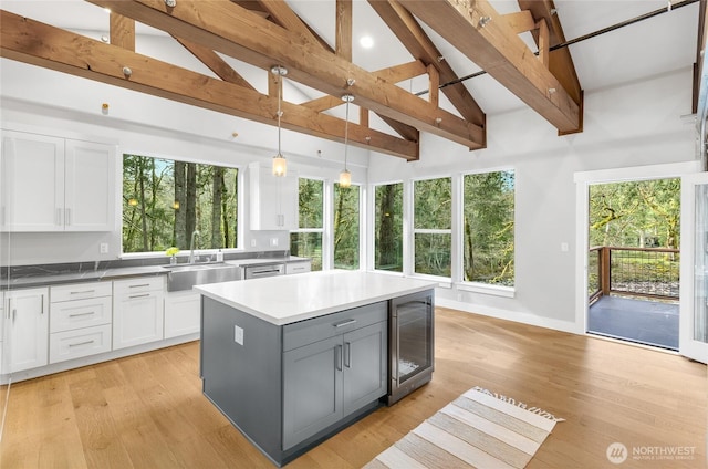 7339 Moon Valley Rd SE, North Bend, WA 98045 - kitchen featuring white cabinets, beverage cooler, and a sink