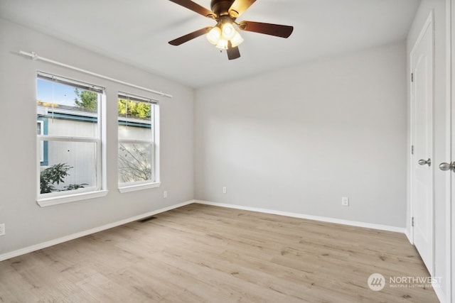 empty room with ceiling fan and light hardwood / wood-style flooring