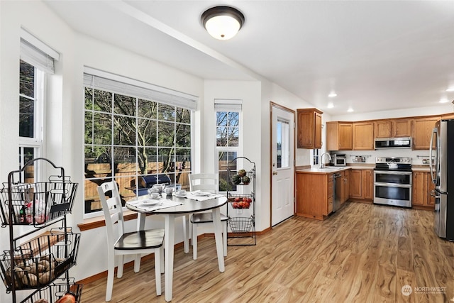 kitchen with sink, light hardwood / wood-style floors, and appliances with stainless steel finishes