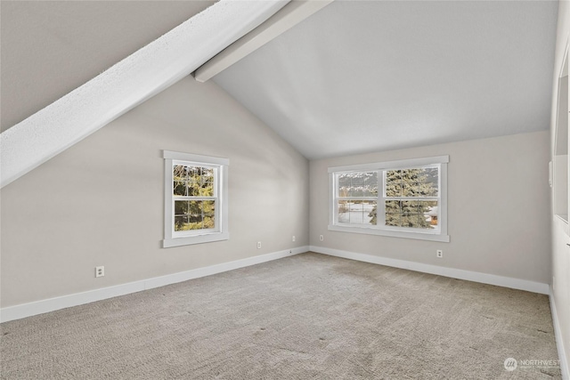 bonus room with lofted ceiling with beams and carpet