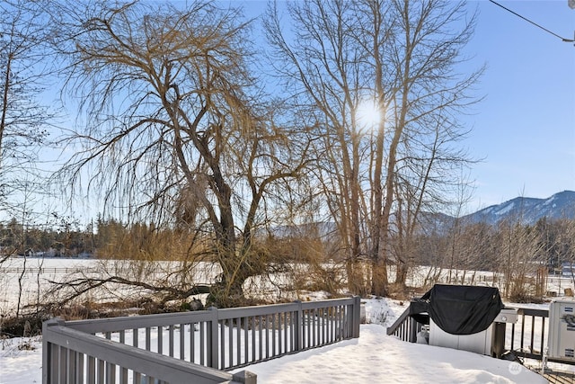 snow covered deck featuring a mountain view