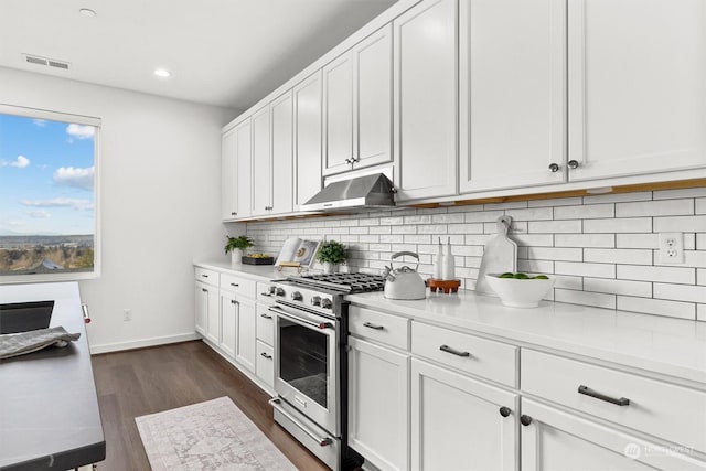 kitchen with white cabinets, high end stainless steel range, dark wood-type flooring, and decorative backsplash