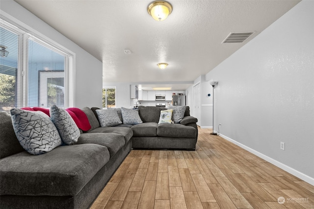 living room with light hardwood / wood-style flooring and a textured ceiling