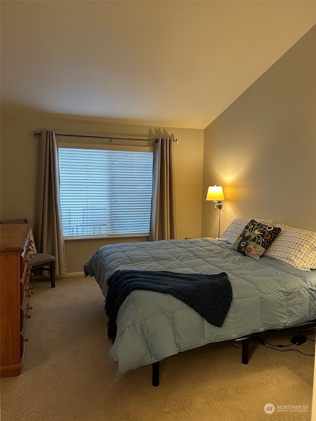 bedroom featuring light colored carpet and vaulted ceiling