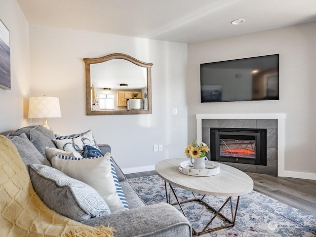 living room with wood-type flooring and a fireplace