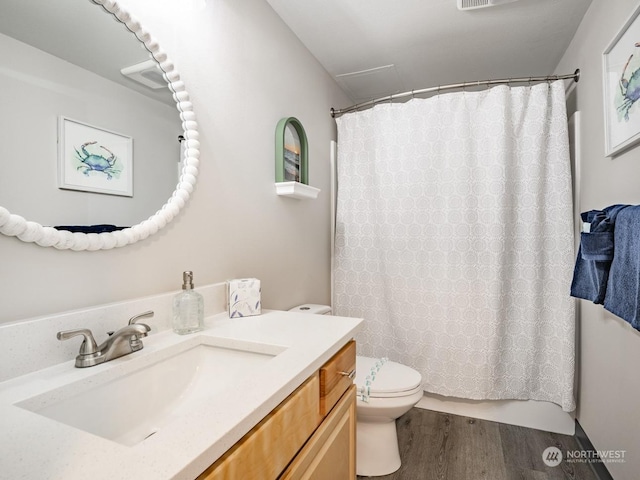 bathroom featuring vanity, wood-type flooring, and toilet