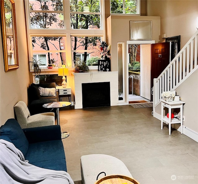 living room with a high ceiling