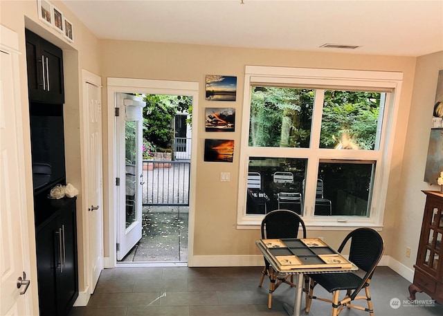 doorway featuring plenty of natural light and dark tile patterned flooring