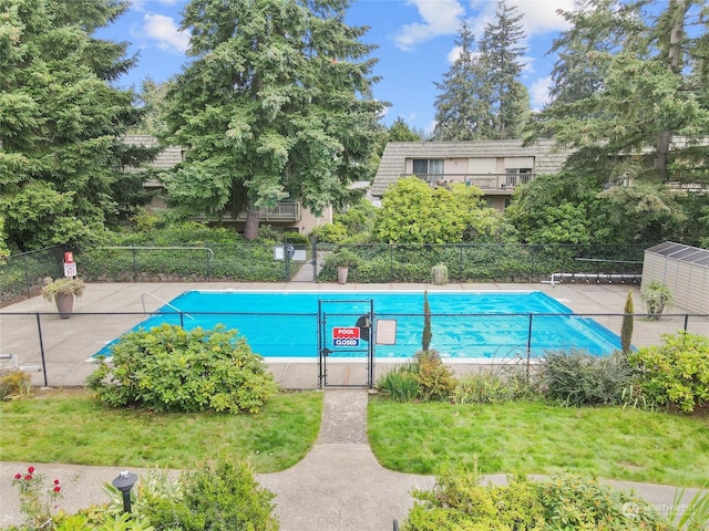 view of swimming pool with a lawn