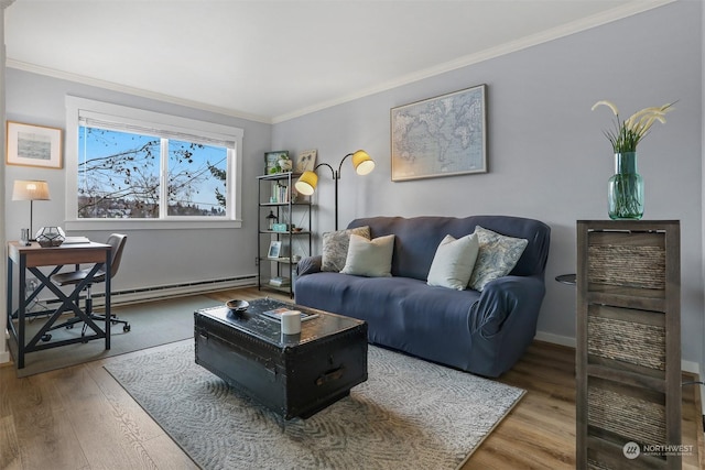 living room featuring crown molding, hardwood / wood-style floors, and baseboard heating