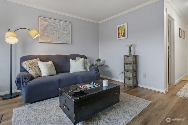 living room with crown molding and hardwood / wood-style floors