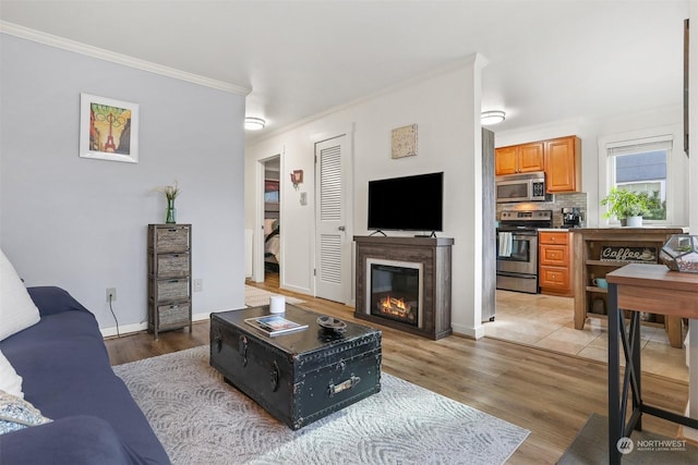 living room with crown molding and light hardwood / wood-style floors