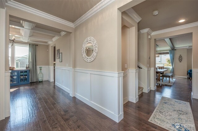 corridor featuring beamed ceiling, a wainscoted wall, coffered ceiling, dark wood-style floors, and stairway