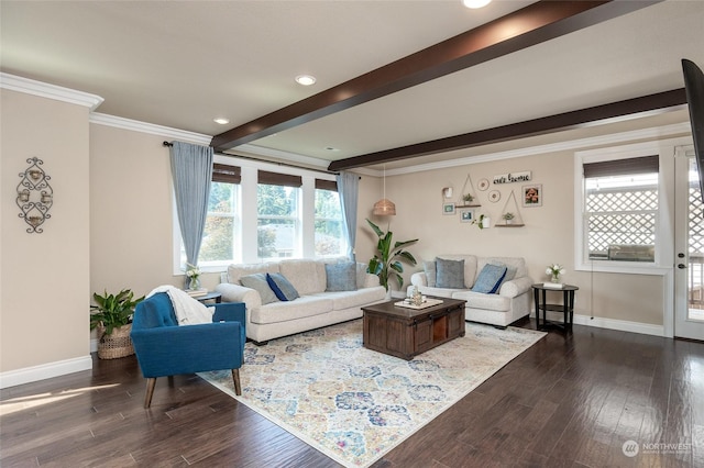 living area with beamed ceiling, dark wood-style floors, baseboards, and ornamental molding