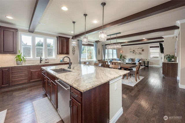 kitchen featuring beamed ceiling, a wealth of natural light, stainless steel dishwasher, dark wood-style floors, and a sink