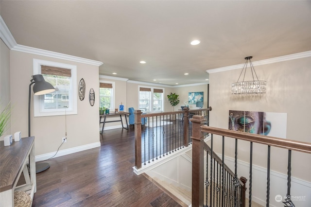 corridor featuring crown molding, dark wood-type flooring, baseboards, an upstairs landing, and recessed lighting