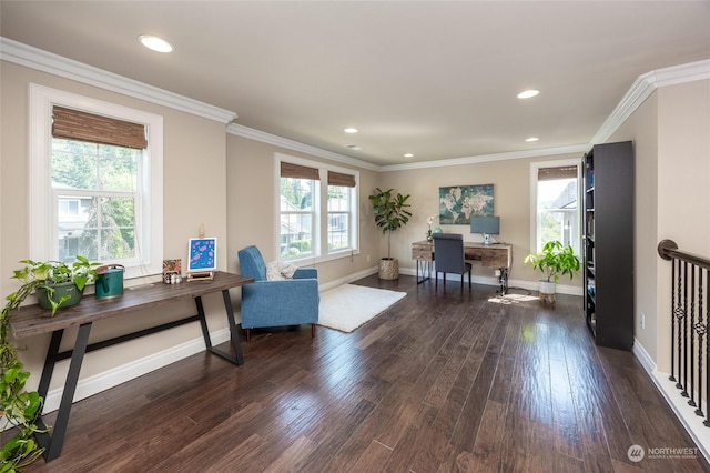 office area with recessed lighting, baseboards, dark wood-style flooring, and ornamental molding