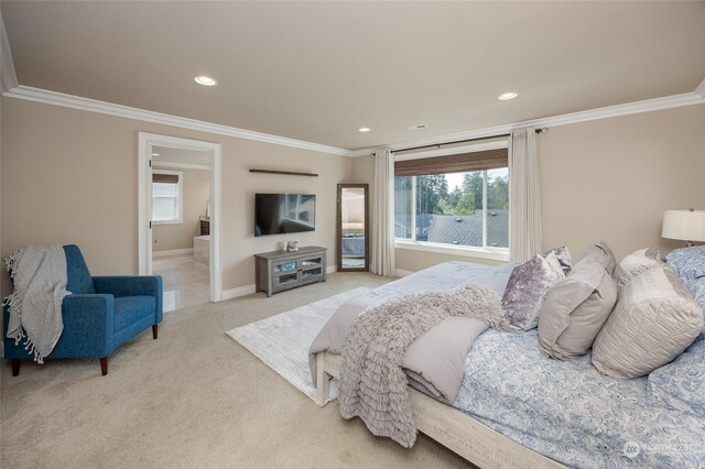 bedroom with ornamental molding, recessed lighting, baseboards, and light carpet