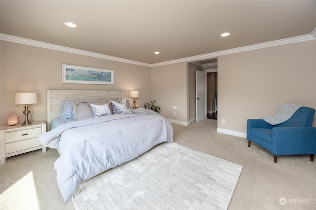 bedroom with crown molding, recessed lighting, light colored carpet, and baseboards