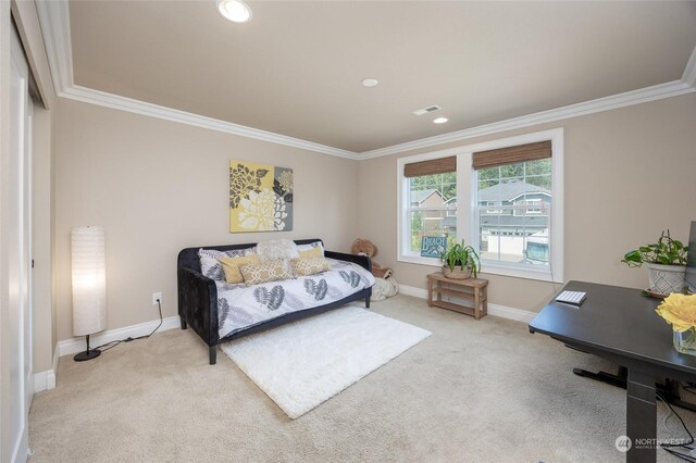 bedroom with crown molding, recessed lighting, baseboards, and light carpet