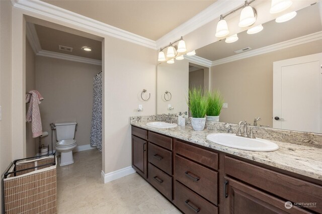 full bath with visible vents, ornamental molding, and a sink