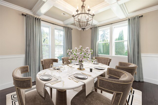 dining space with visible vents, a healthy amount of sunlight, a chandelier, and dark wood-style flooring