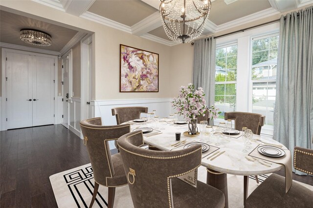 dining area with beamed ceiling, coffered ceiling, wood finished floors, an inviting chandelier, and crown molding