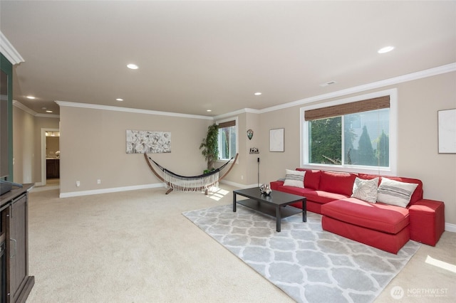 living area featuring recessed lighting, light colored carpet, and baseboards