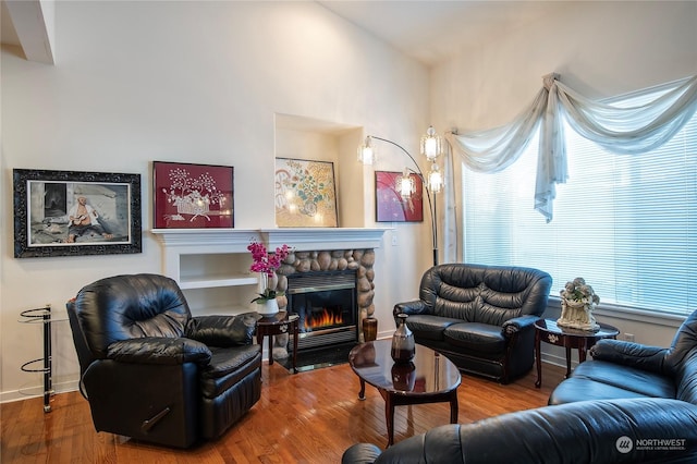 living room with wood-type flooring and a stone fireplace