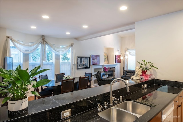 kitchen with white dishwasher, sink, and dark stone counters