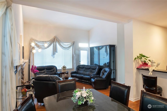 living room featuring dark wood-type flooring