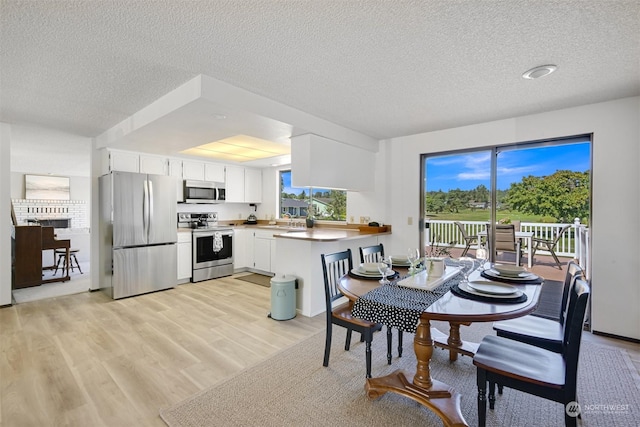 dining room with a textured ceiling, light hardwood / wood-style floors, and plenty of natural light