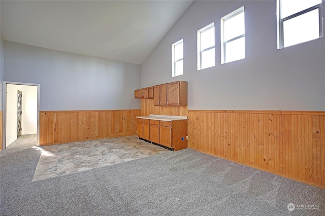 bonus room with high vaulted ceiling, a wealth of natural light, and light colored carpet