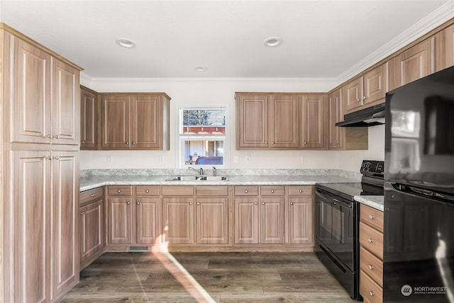 kitchen with sink, dark hardwood / wood-style flooring, ornamental molding, black appliances, and light stone countertops