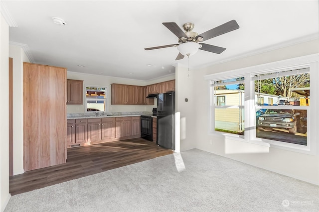 kitchen with ornamental molding, sink, dark carpet, and black appliances