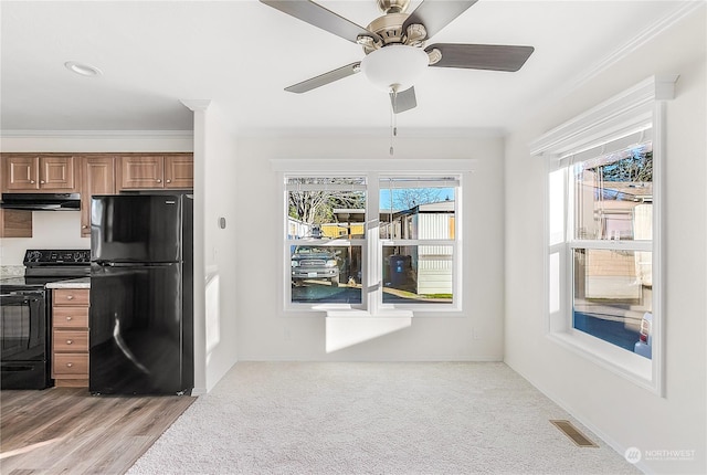 kitchen featuring light carpet, ornamental molding, black appliances, and a healthy amount of sunlight