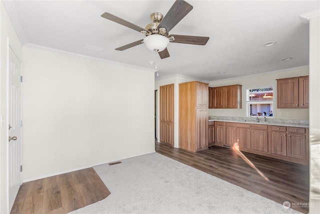 kitchen with sink, ornamental molding, and dark hardwood / wood-style floors