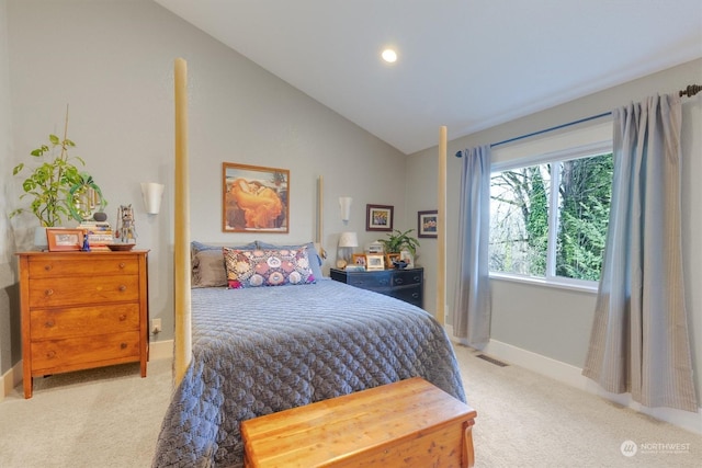 bedroom with lofted ceiling and carpet flooring