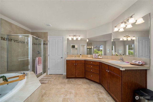 bathroom with plus walk in shower and vanity