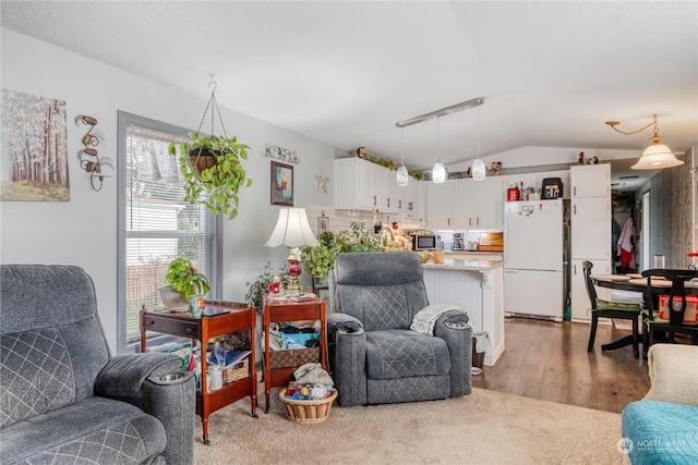 living room featuring wood-type flooring and vaulted ceiling