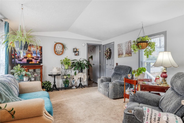 living room with vaulted ceiling and carpet