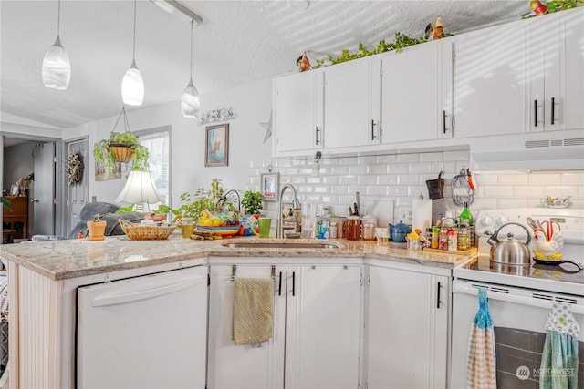 kitchen featuring decorative backsplash, decorative light fixtures, white appliances, white cabinets, and sink