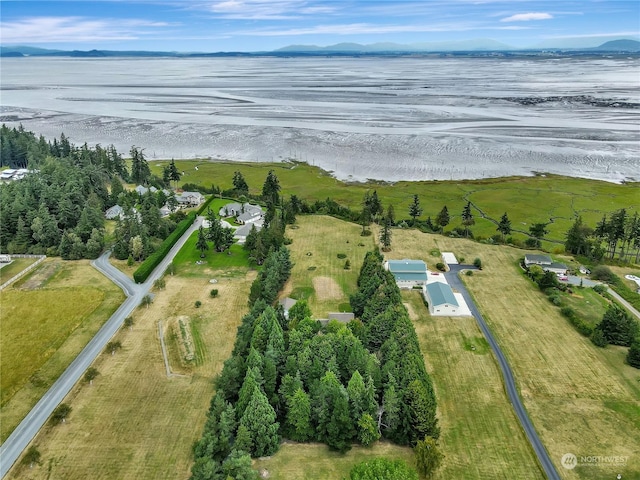 birds eye view of property with a water and mountain view