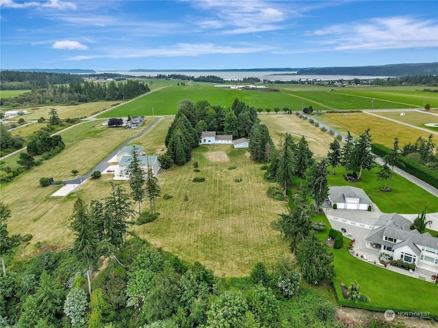 aerial view featuring a water view and a rural view