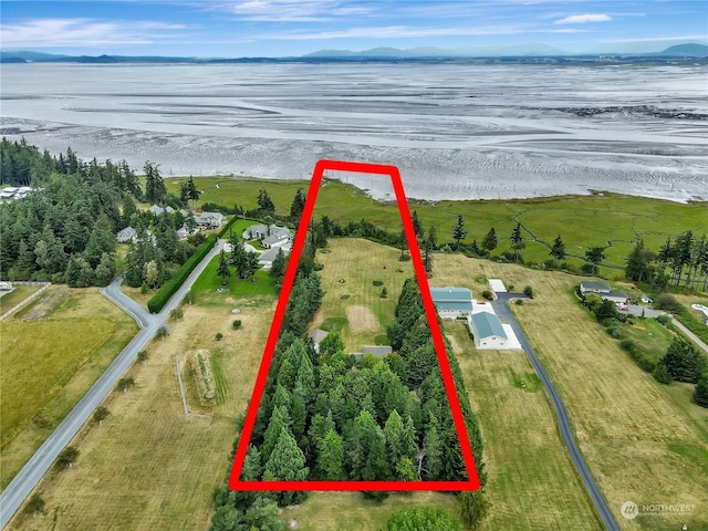 birds eye view of property with a water and mountain view