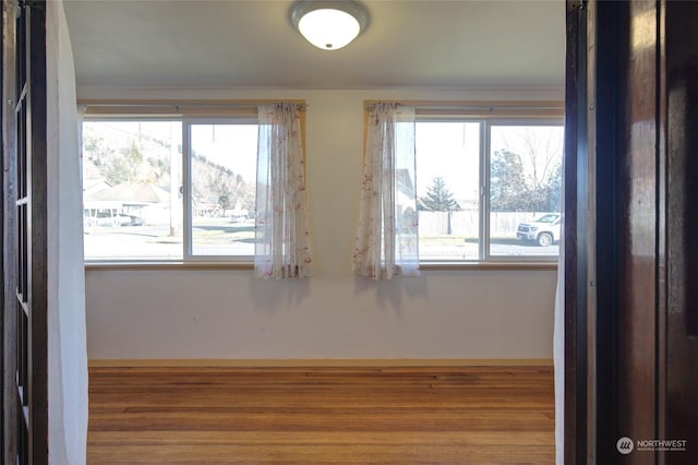 spare room featuring wood-type flooring, plenty of natural light, and a mountain view